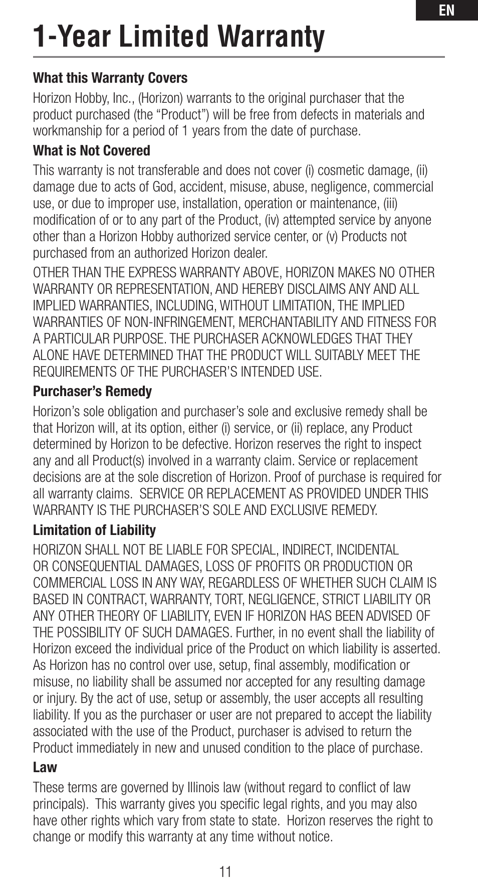 Year limited warranty | Spektrum SPMAR6400NBL User Manual | Page 11 / 16