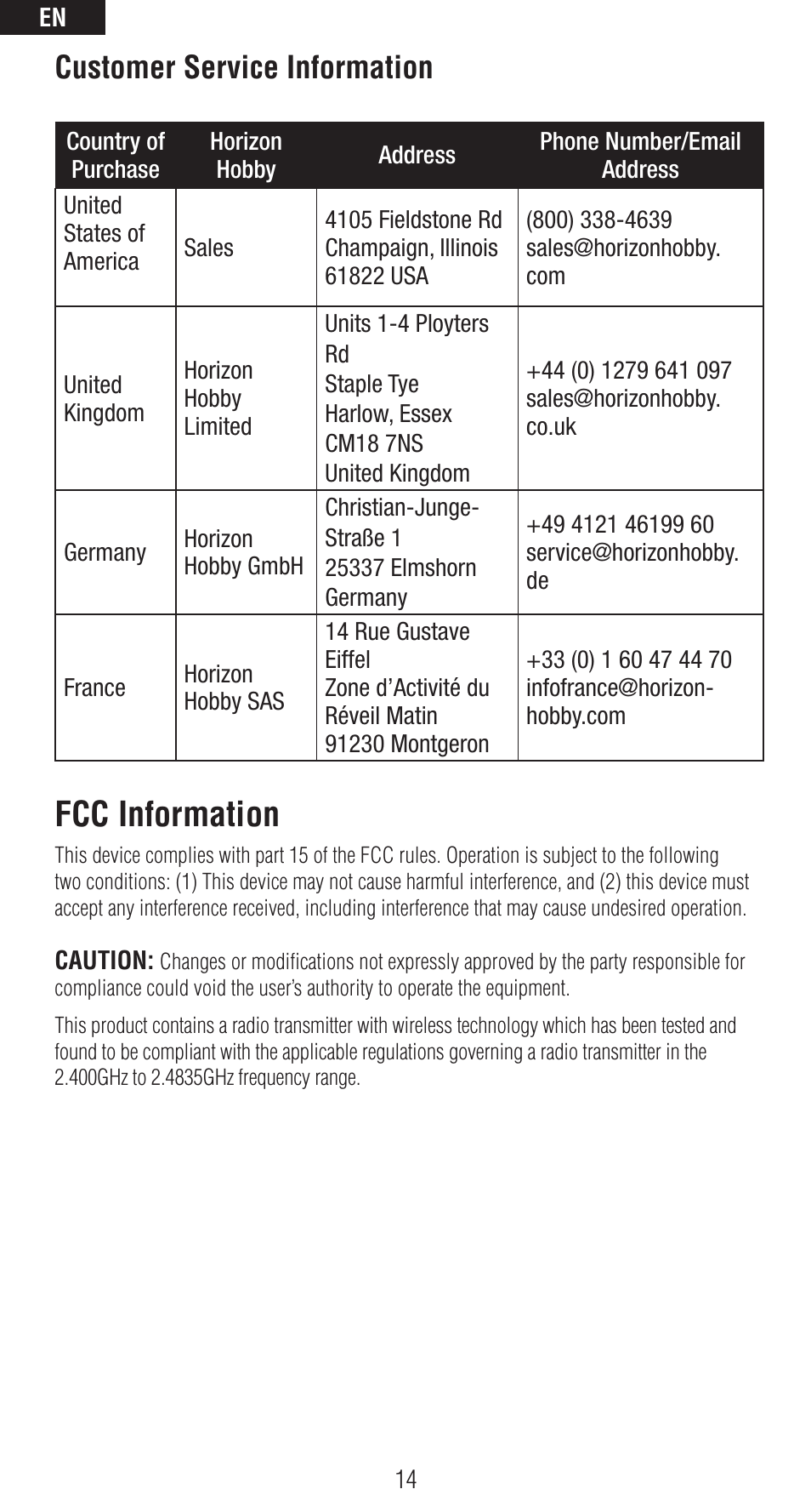 Fcc information, Customer service information | Spektrum SPMAR6400NBL User Manual | Page 14 / 16