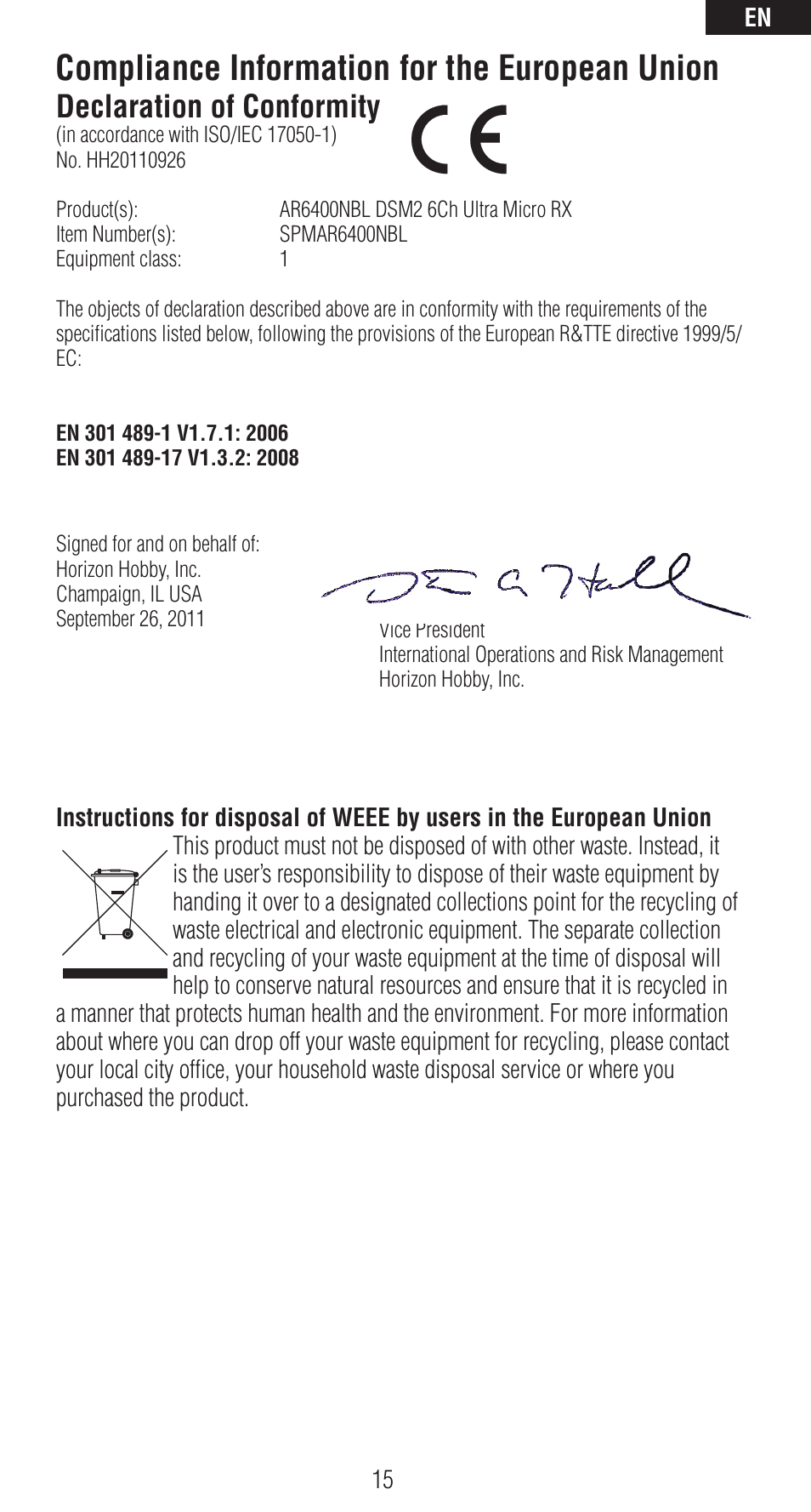 Compliance information for the european union, Declaration of conformity | Spektrum SPMAR6400NBL User Manual | Page 15 / 16