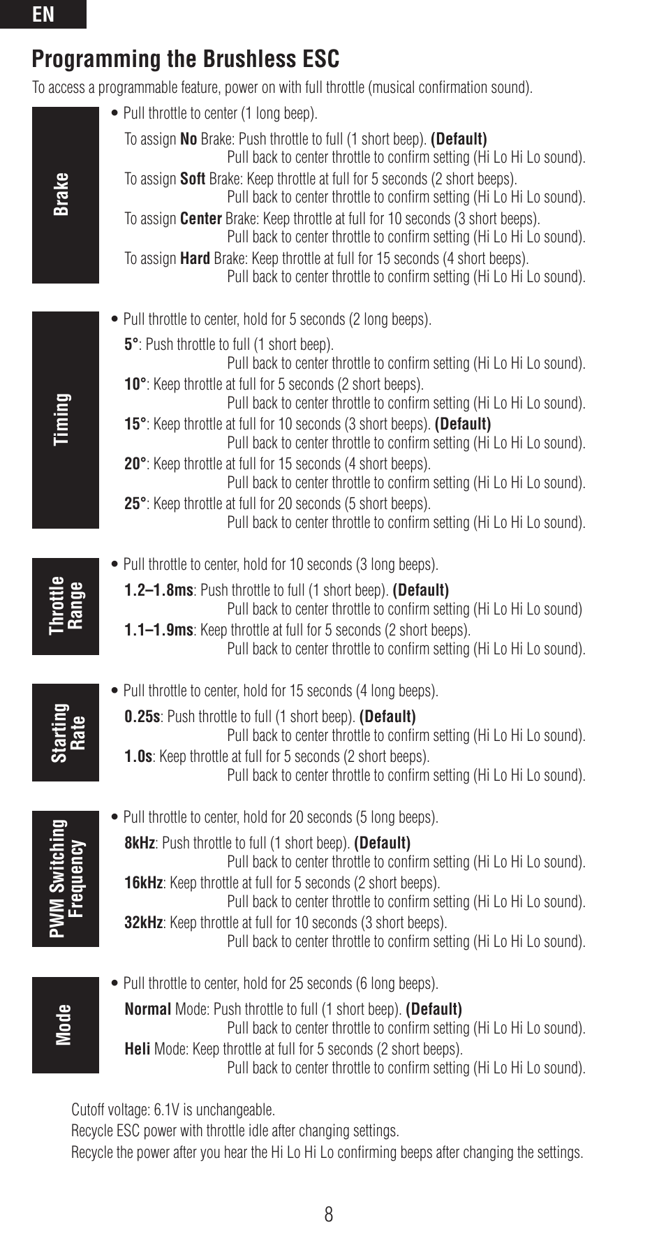 Programming the brushless esc, En 8 | Spektrum SPMAR6400NBL User Manual | Page 8 / 16