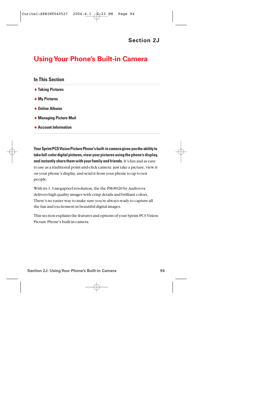 2j. using your phone’s built-in camera, Using your phone’s built-in camera | Audiovox PM-8920 User Manual | Page 103 / 206