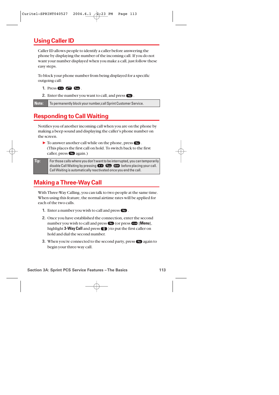 Using caller id, Responding to call waiting, Making a three-way call | Audiovox PM-8920 User Manual | Page 122 / 206