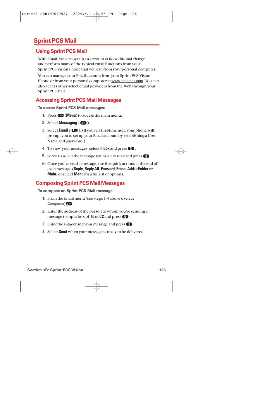 Sprint pcs mail, Using sprint pcs mail, Accessing sprint pcs mail messages | Composing sprint pcs mail messages | Audiovox PM-8920 User Manual | Page 135 / 206