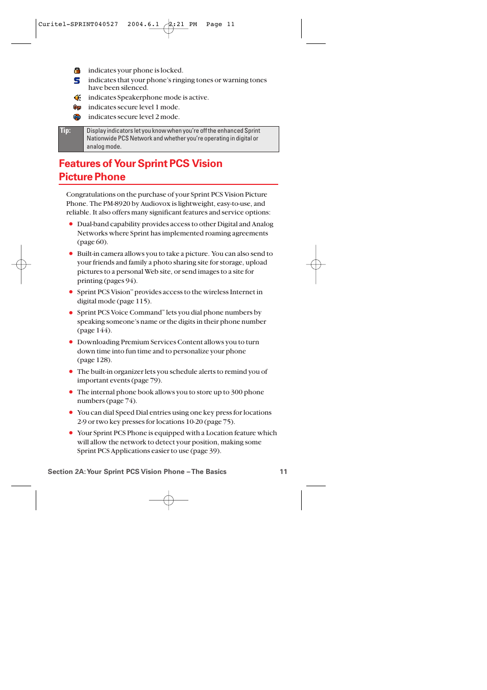 Features of your sprint pcs vision picture phone | Audiovox PM-8920 User Manual | Page 20 / 206