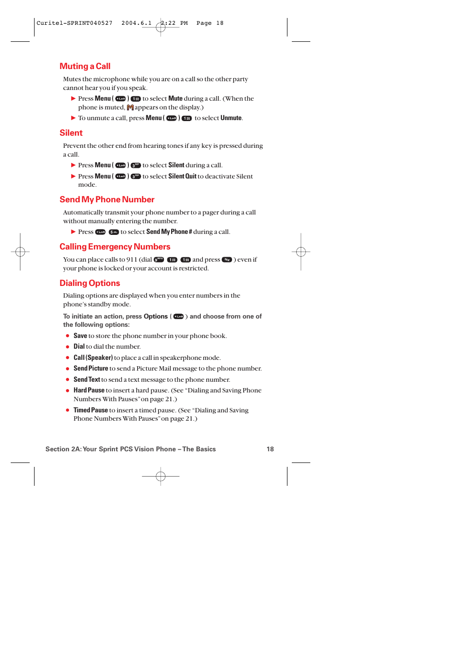 Muting a call, Silent, Send my phone number | Calling emergency numbers, Dialing options | Audiovox PM-8920 User Manual | Page 27 / 206