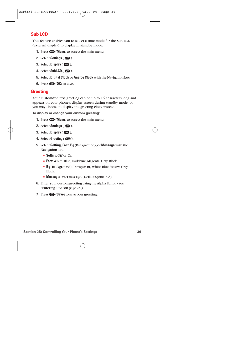 Sub lcd, Greeting | Audiovox PM-8920 User Manual | Page 45 / 206