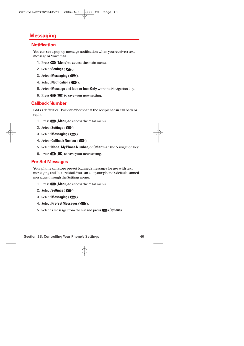 Messaging, Notification, Callback number | Pre-set messages | Audiovox PM-8920 User Manual | Page 49 / 206