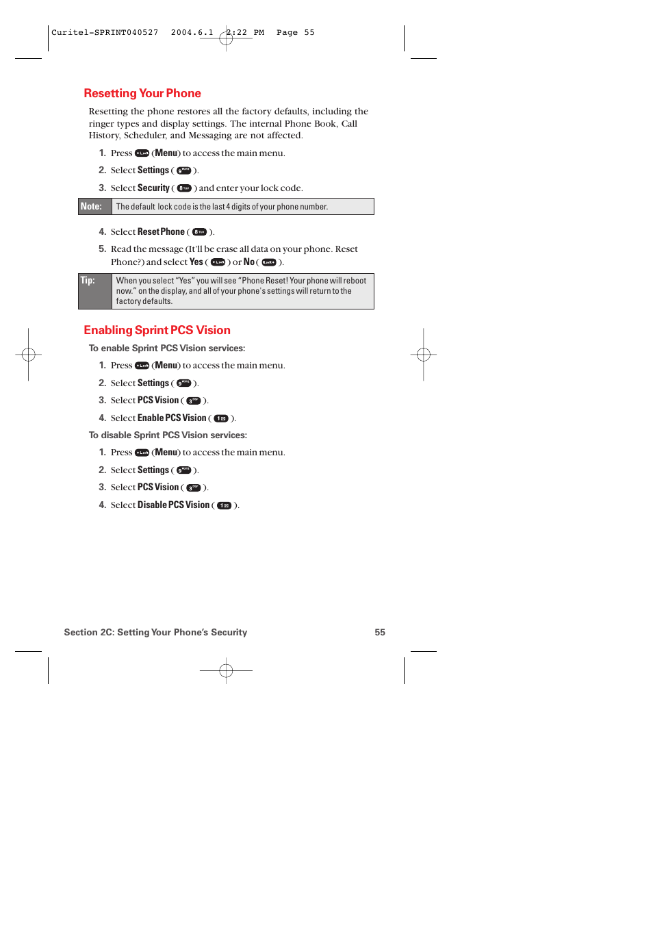 Resetting your phone, Enabling sprint pcs vision | Audiovox PM-8920 User Manual | Page 64 / 206