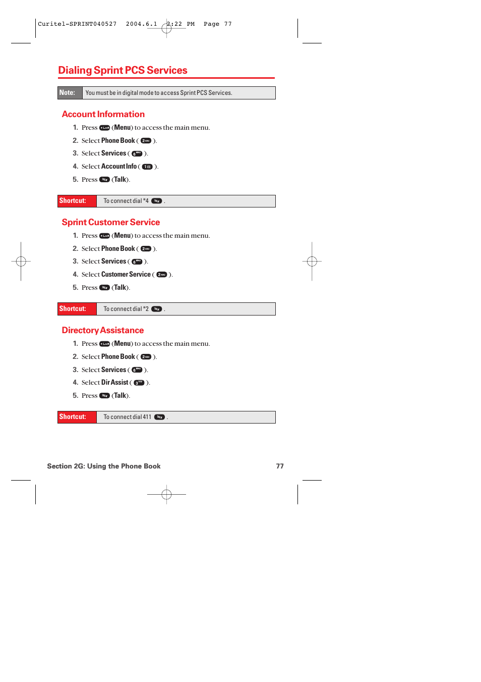 Dialing sprint pcs services, Account information, Sprint customer service | Directory assistance | Audiovox PM-8920 User Manual | Page 86 / 206