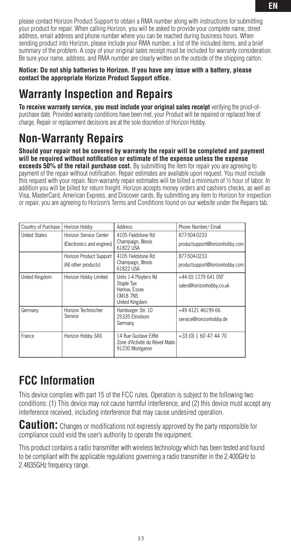 Warranty inspection and repairs, Non-warranty repairs, Fcc information | Caution | Spektrum SPMAR6400LBL User Manual | Page 13 / 60