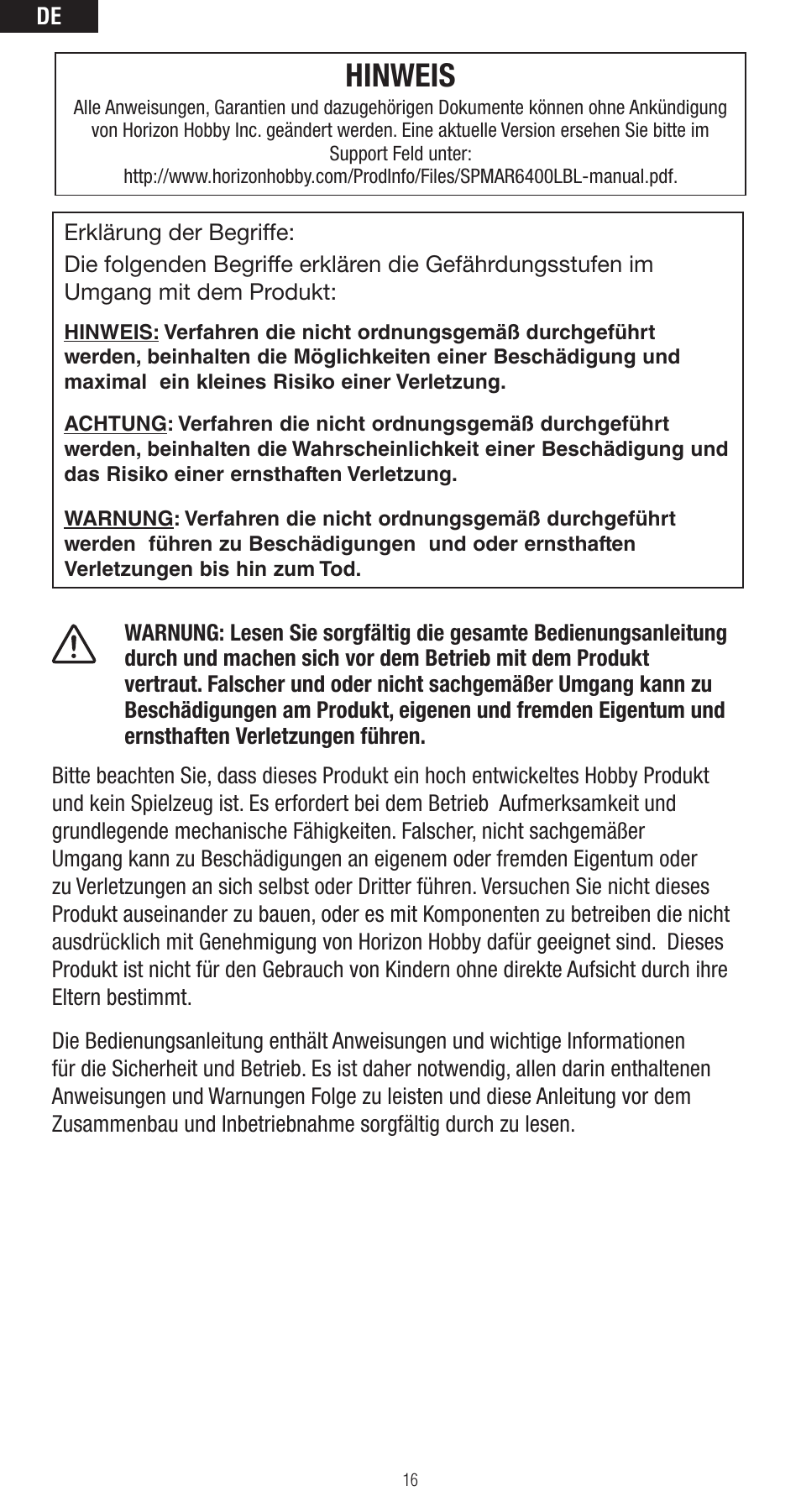 28686.1i_spm_ar6400lbl_de.pdf, Hinweis | Spektrum SPMAR6400LBL User Manual | Page 16 / 60