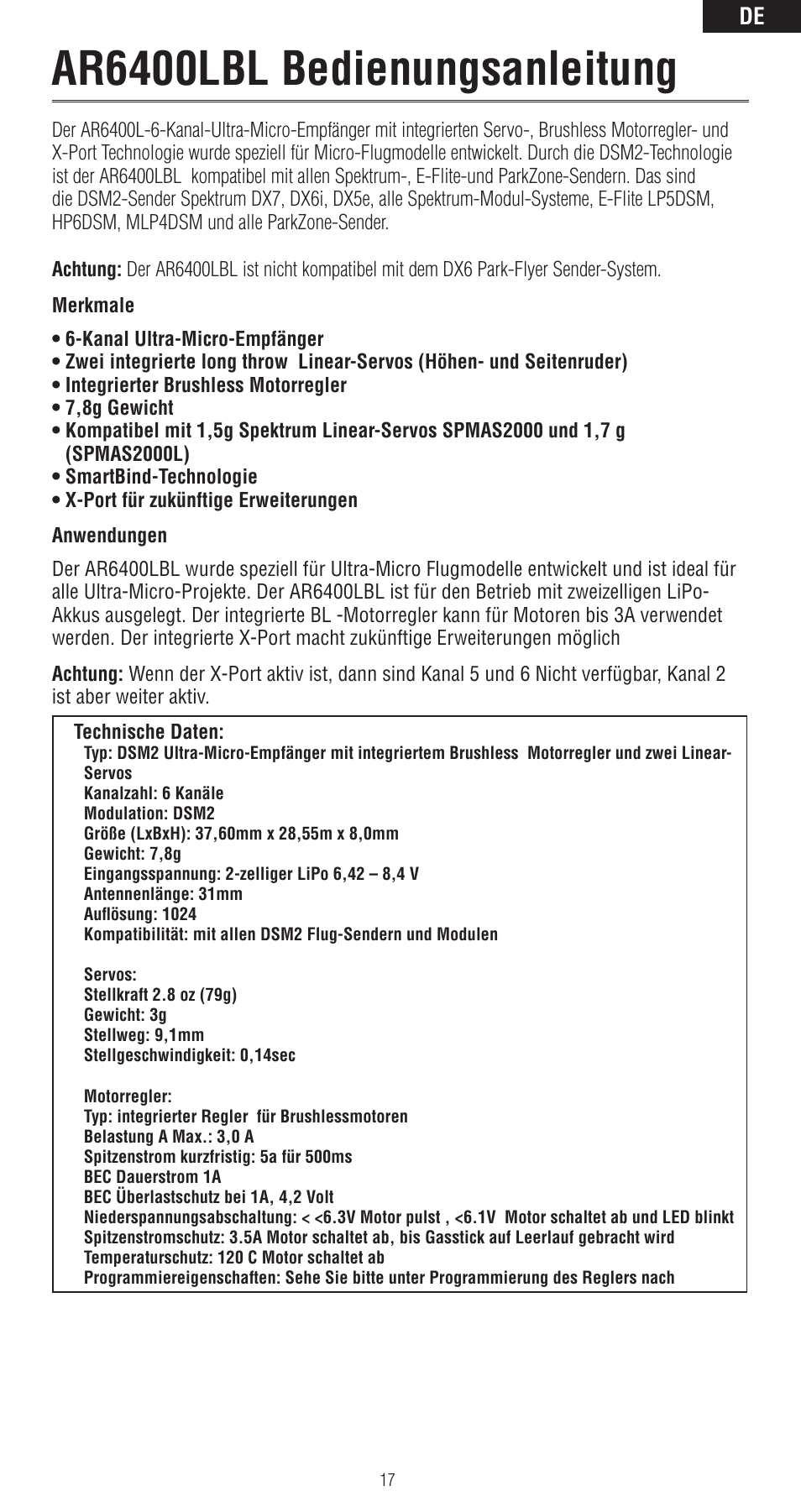 Ar6400lbl bedienungsanleitung | Spektrum SPMAR6400LBL User Manual | Page 17 / 60