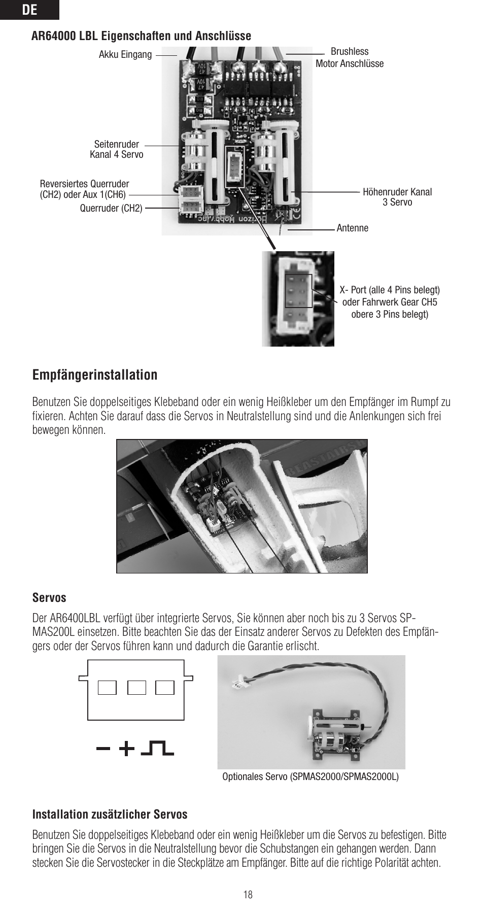 Empfängerinstallation | Spektrum SPMAR6400LBL User Manual | Page 18 / 60