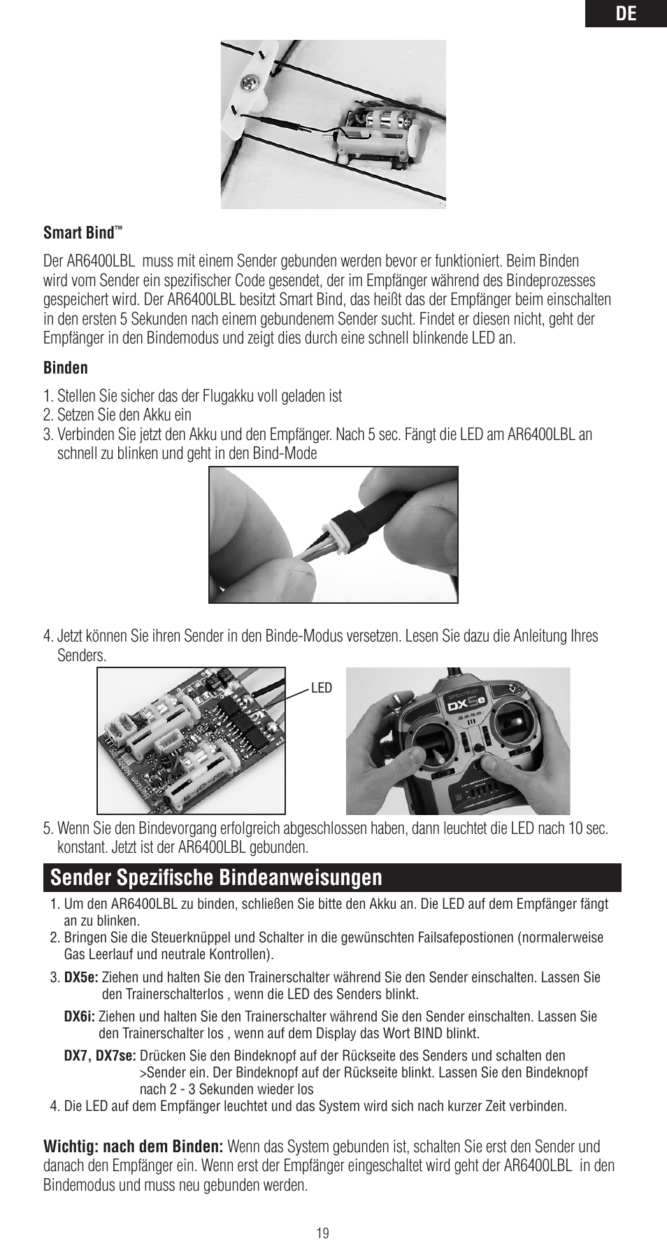 Sender spezifische bindeanweisungen | Spektrum SPMAR6400LBL User Manual | Page 19 / 60