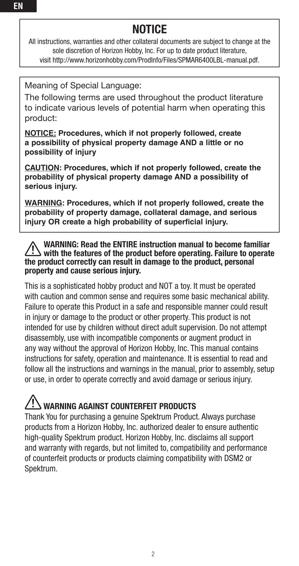Notice | Spektrum SPMAR6400LBL User Manual | Page 2 / 60