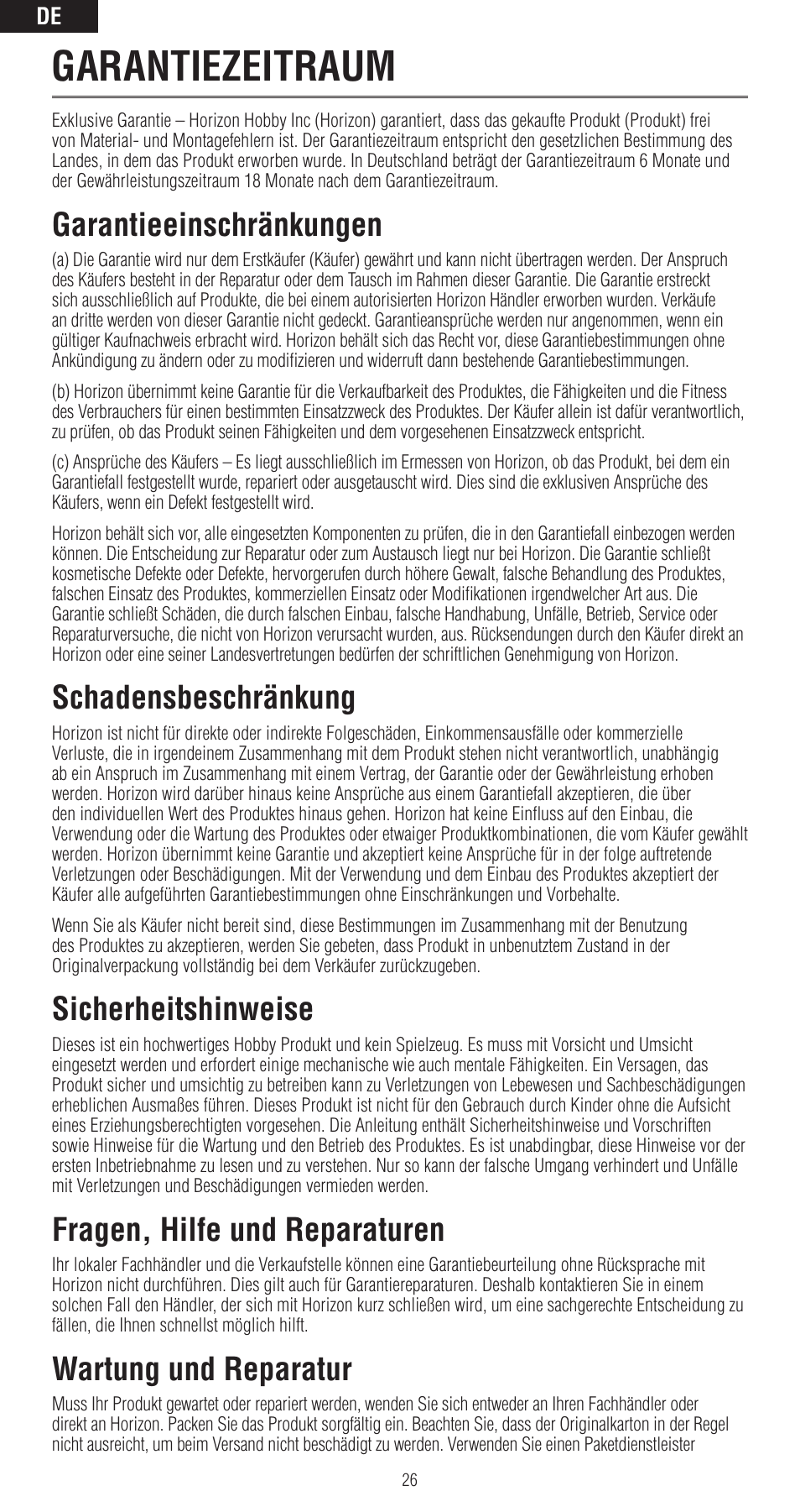 Garantiezeitraum, Garantieeinschränkungen, Schadensbeschränkung | Sicherheitshinweise, Fragen, hilfe und reparaturen, Wartung und reparatur | Spektrum SPMAR6400LBL User Manual | Page 26 / 60