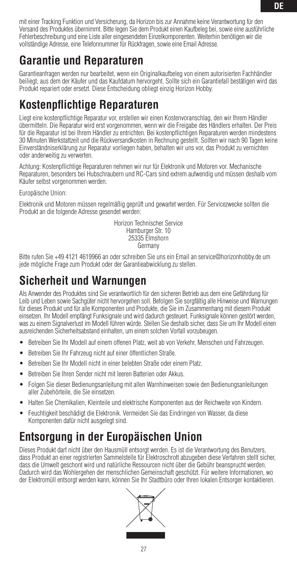 Garantie und reparaturen, Kostenpflichtige reparaturen, Sicherheit und warnungen | Entsorgung in der europäischen union | Spektrum SPMAR6400LBL User Manual | Page 27 / 60