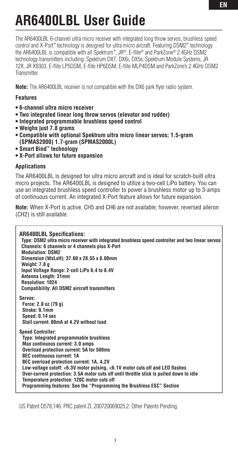 Ar6400lbl user guide | Spektrum SPMAR6400LBL User Manual | Page 3 / 60