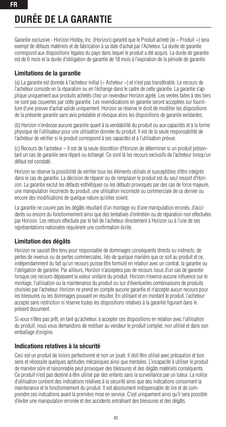 Durée de la garantie | Spektrum SPMAR6400LBL User Manual | Page 40 / 60