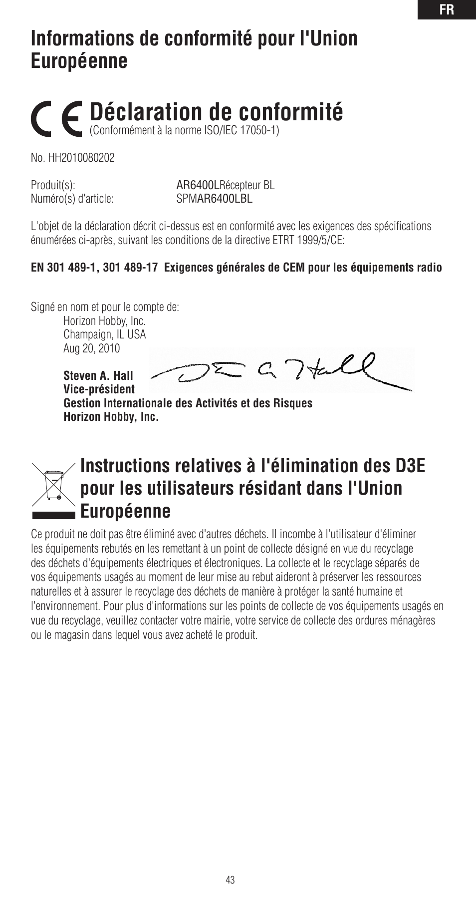 Déclaration de conformité, Informations de conformité pour l'union européenne | Spektrum SPMAR6400LBL User Manual | Page 43 / 60
