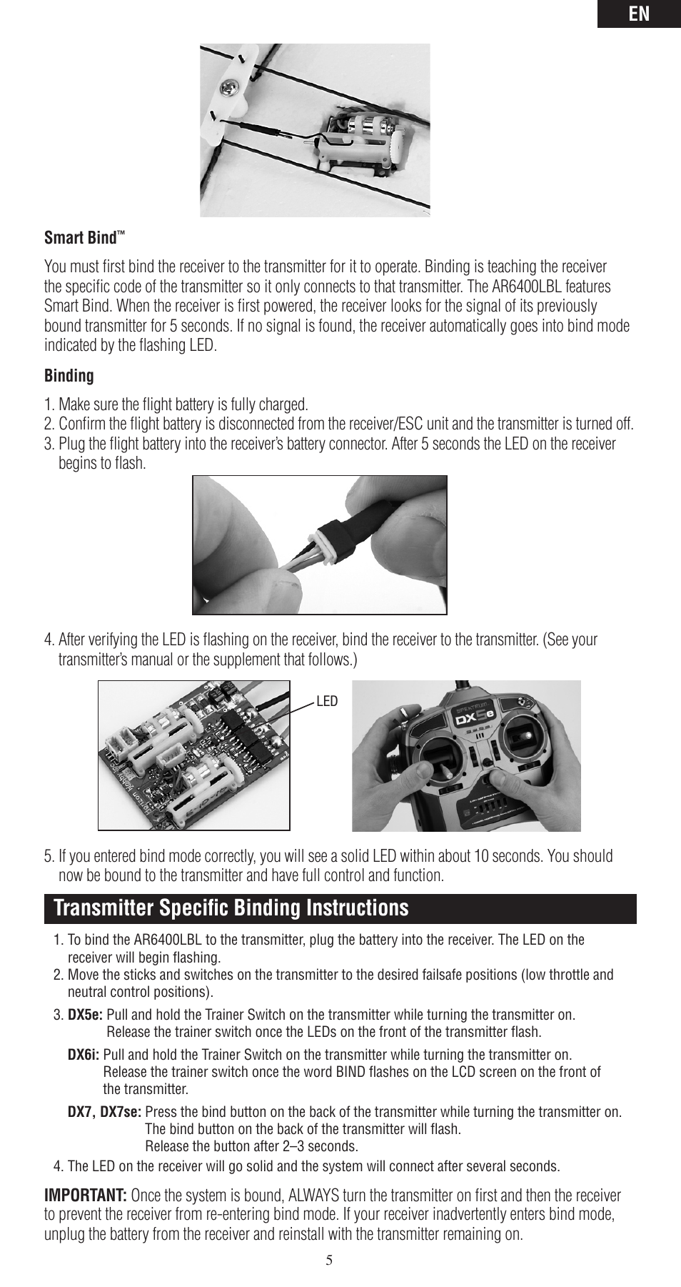 Transmitter specific binding instructions | Spektrum SPMAR6400LBL User Manual | Page 5 / 60