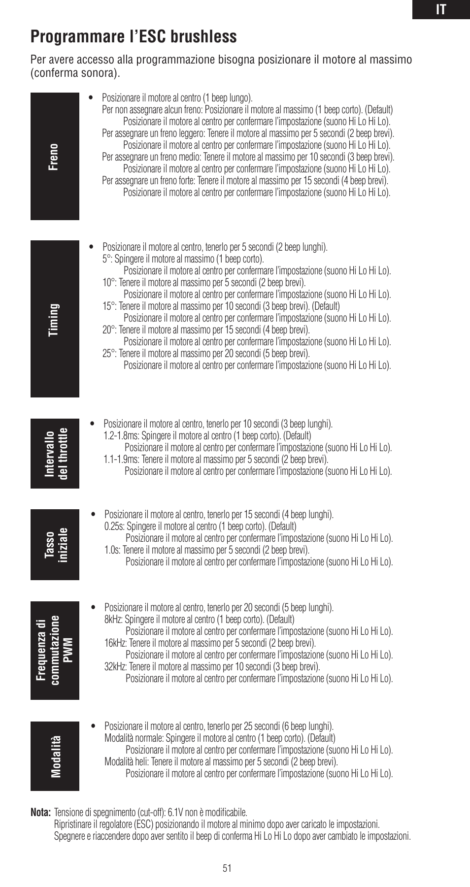 Programming the brushless esc, Programmare l’esc brushless | Spektrum SPMAR6400LBL User Manual | Page 51 / 60