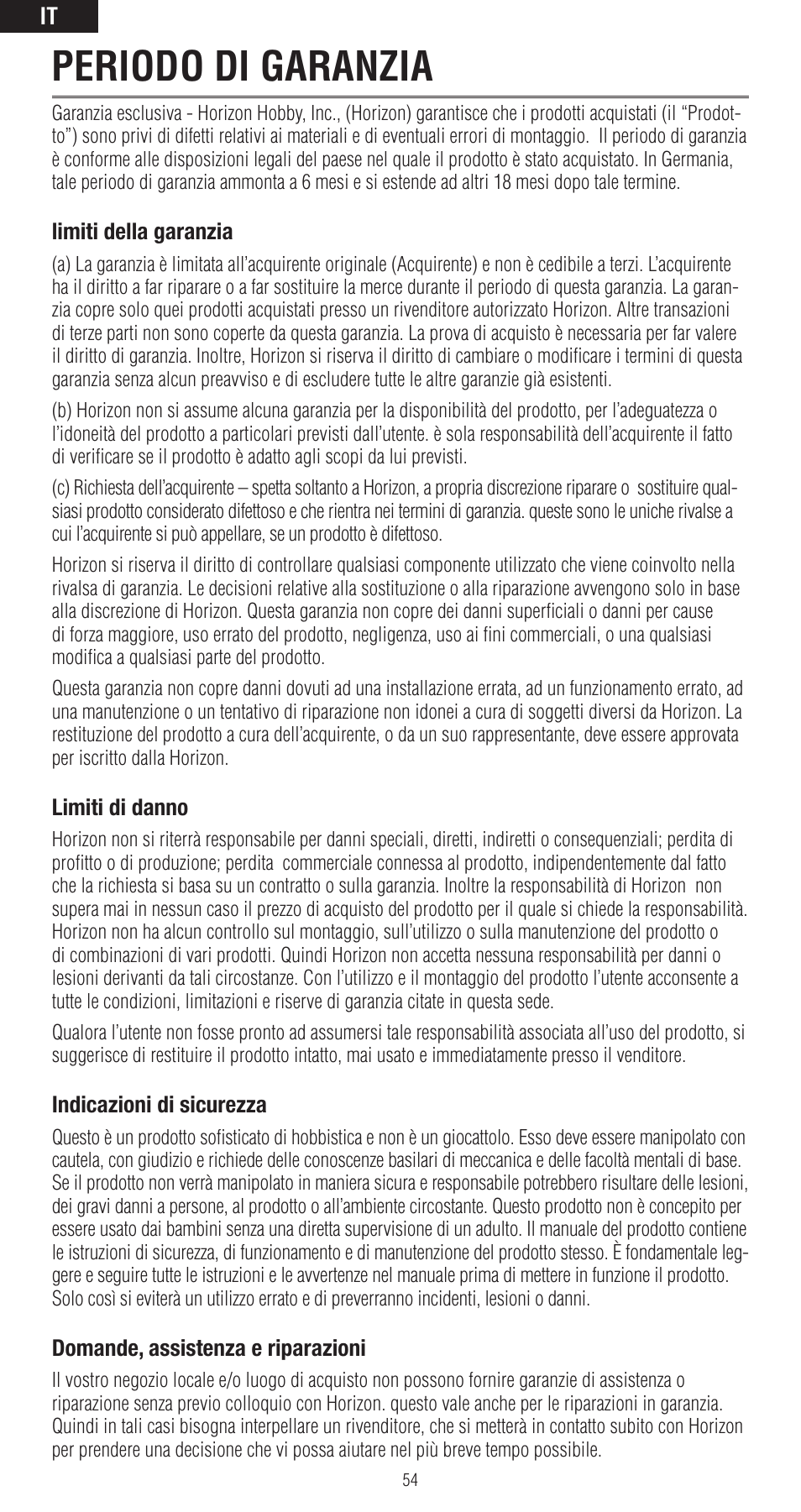 Periodo di garanzia | Spektrum SPMAR6400LBL User Manual | Page 54 / 60