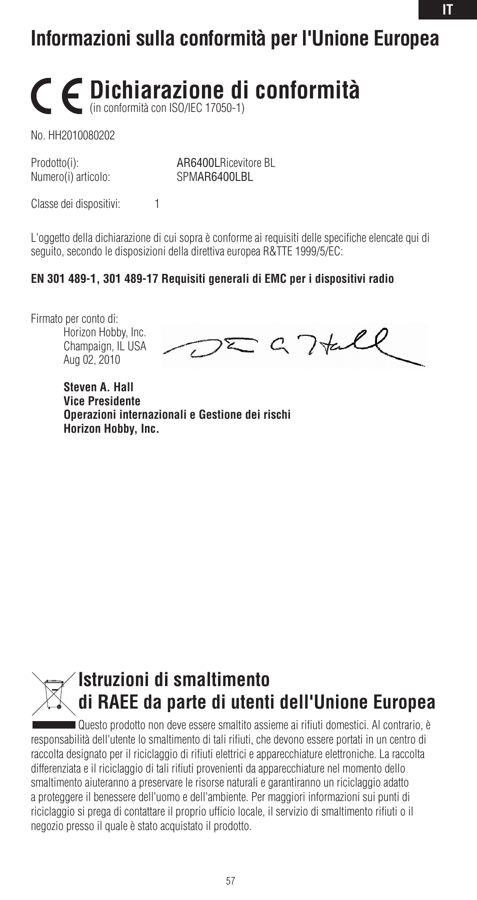 Dichiarazione di conformità, Informazioni sulla conformità per l'unione europea | Spektrum SPMAR6400LBL User Manual | Page 57 / 60