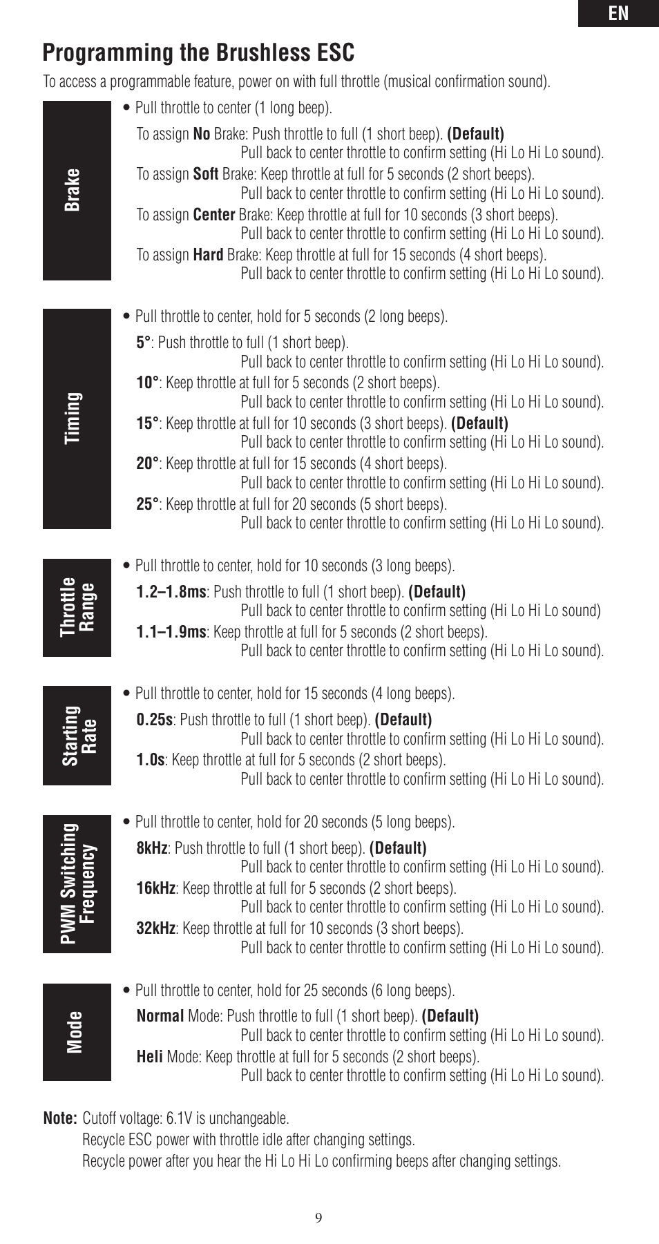 Programming the brushless esc | Spektrum SPMAR6400LBL User Manual | Page 9 / 60