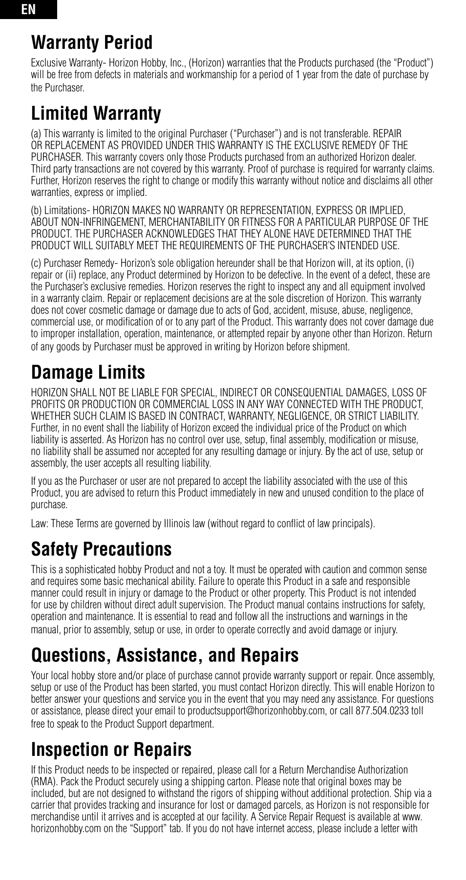 Warranty period, Limited warranty, Damage limits | Safety precautions, Questions, assistance, and repairs, Inspection or repairs | Spektrum SPMAR6400 User Manual | Page 12 / 55