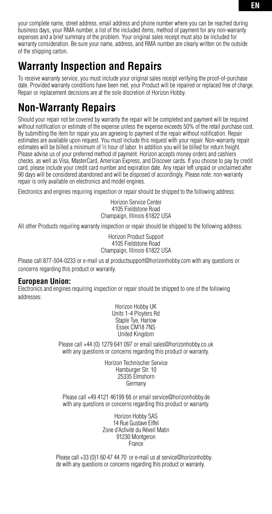 Warranty inspection and repairs, Non-warranty repairs, European union | Spektrum SPMAR6400 User Manual | Page 13 / 55