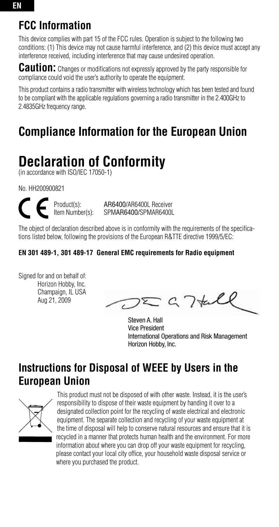 Declaration of conformity, Compliance information for the european union, Fcc information | Caution | Spektrum SPMAR6400 User Manual | Page 14 / 55
