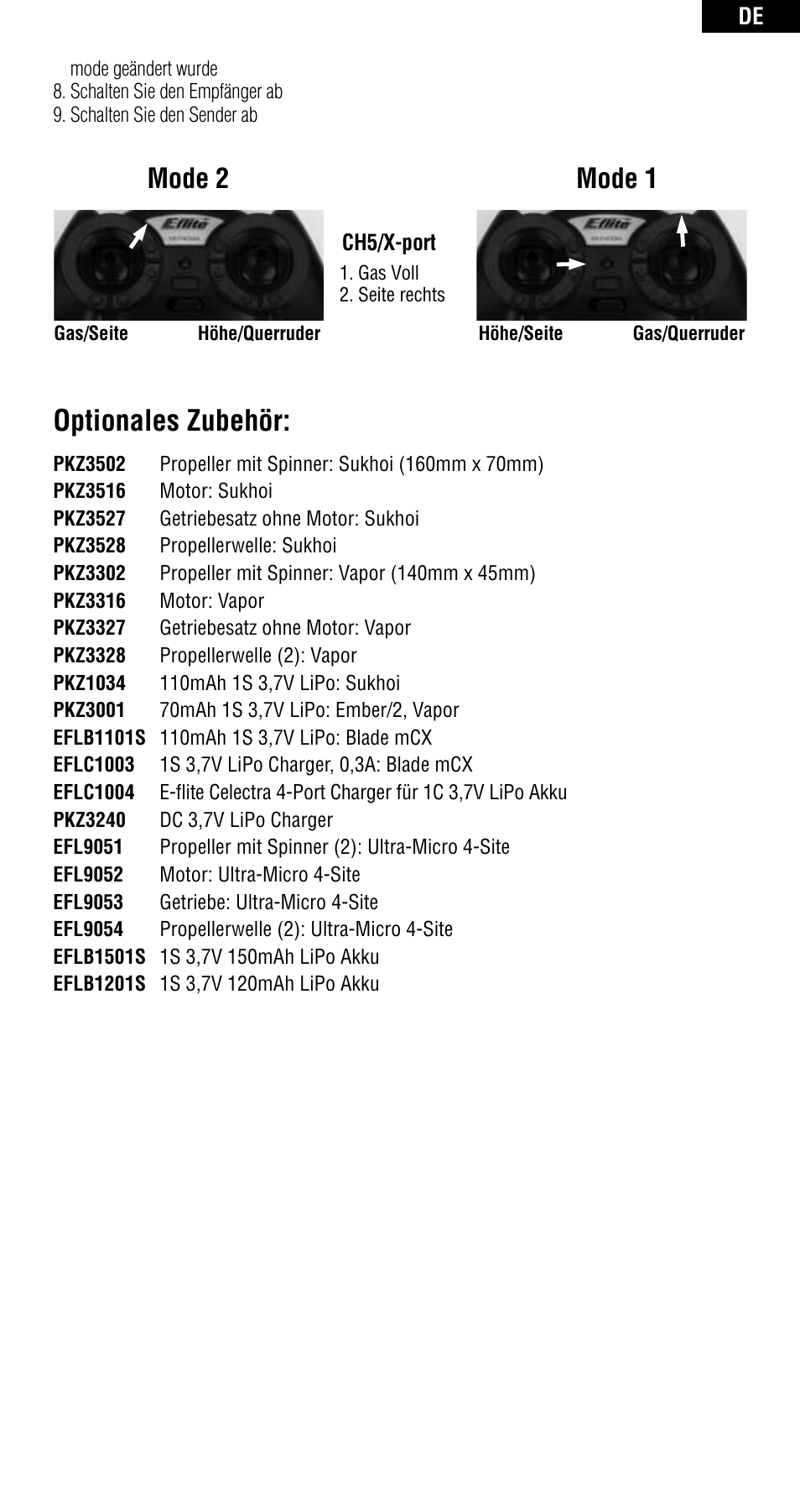 Optionales zubehör, Mode 1, Mode 2 | Spektrum SPMAR6400 User Manual | Page 21 / 55