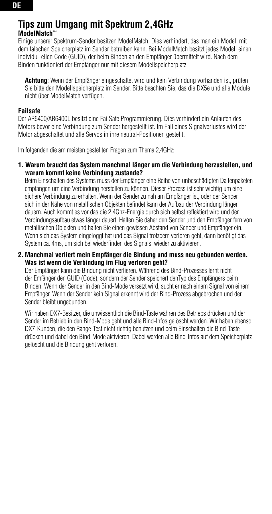 Tips zum umgang mit spektrum 2,4ghz | Spektrum SPMAR6400 User Manual | Page 24 / 55