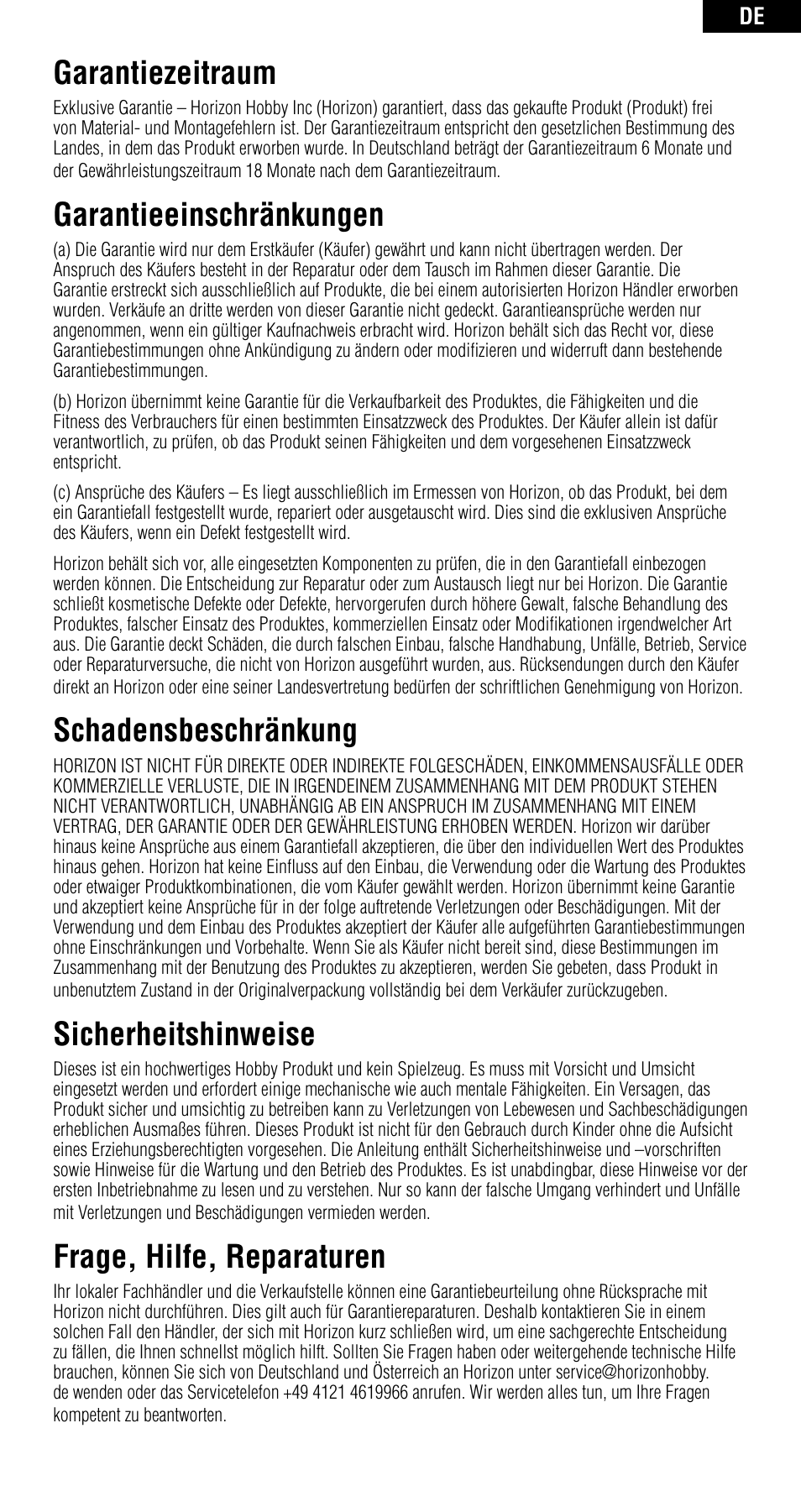 Garantiezeitraum, Garantieeinschränkungen, Schadensbeschränkung | Sicherheitshinweise, Frage, hilfe, reparaturen | Spektrum SPMAR6400 User Manual | Page 25 / 55