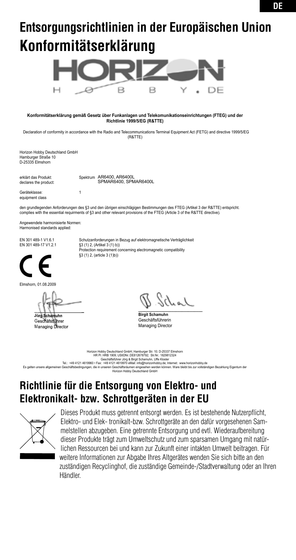 Konformitätserklärung, Entsorgungsrichtlinien in der europäischen union | Spektrum SPMAR6400 User Manual | Page 27 / 55