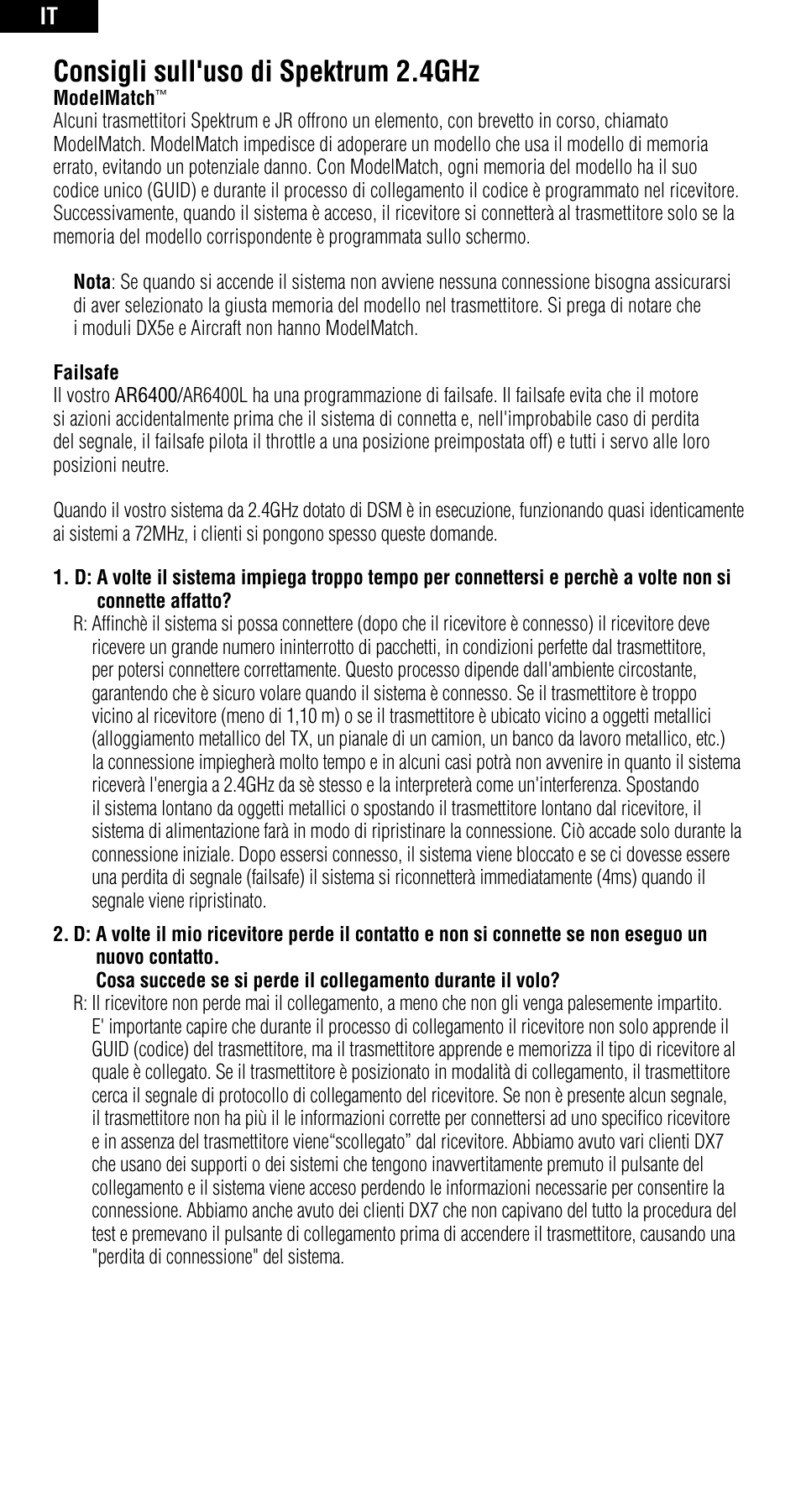 Consigli sull'uso di spektrum 2.4ghz | Spektrum SPMAR6400 User Manual | Page 50 / 55