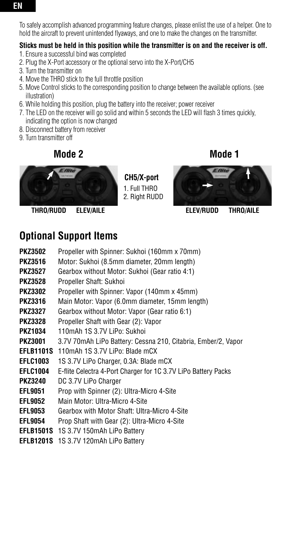 Optional support items, Mode 1, Mode 2 | Spektrum SPMAR6400 User Manual | Page 8 / 55