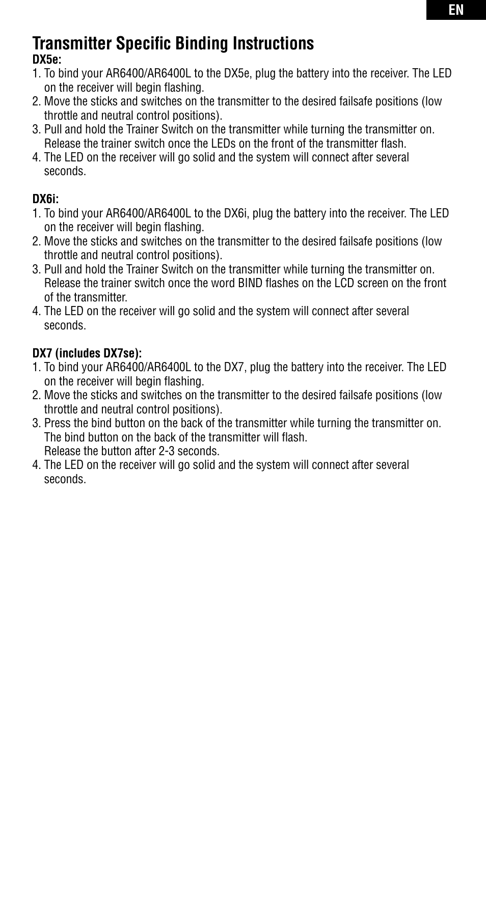 Transmitter specific binding instructions | Spektrum SPMAR6400 User Manual | Page 9 / 55