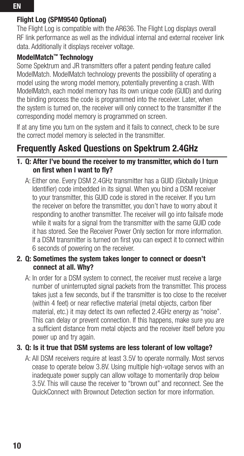 Frequently asked questions on spektrum 2.4ghz | Spektrum SPMAR636 User Guide User Manual | Page 10 / 16
