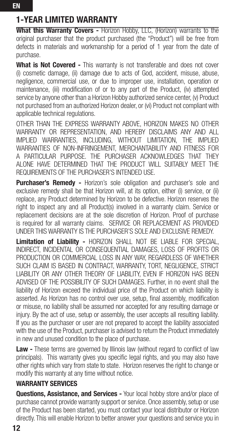 Year limited warranty | Spektrum SPMAR636 User Guide User Manual | Page 12 / 16