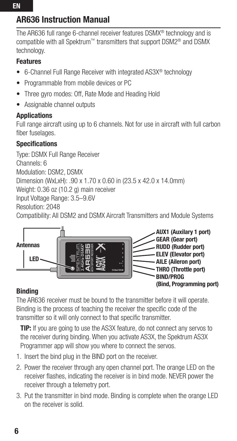 Ar636 instruction manual | Spektrum SPMAR636 User Guide User Manual | Page 6 / 16