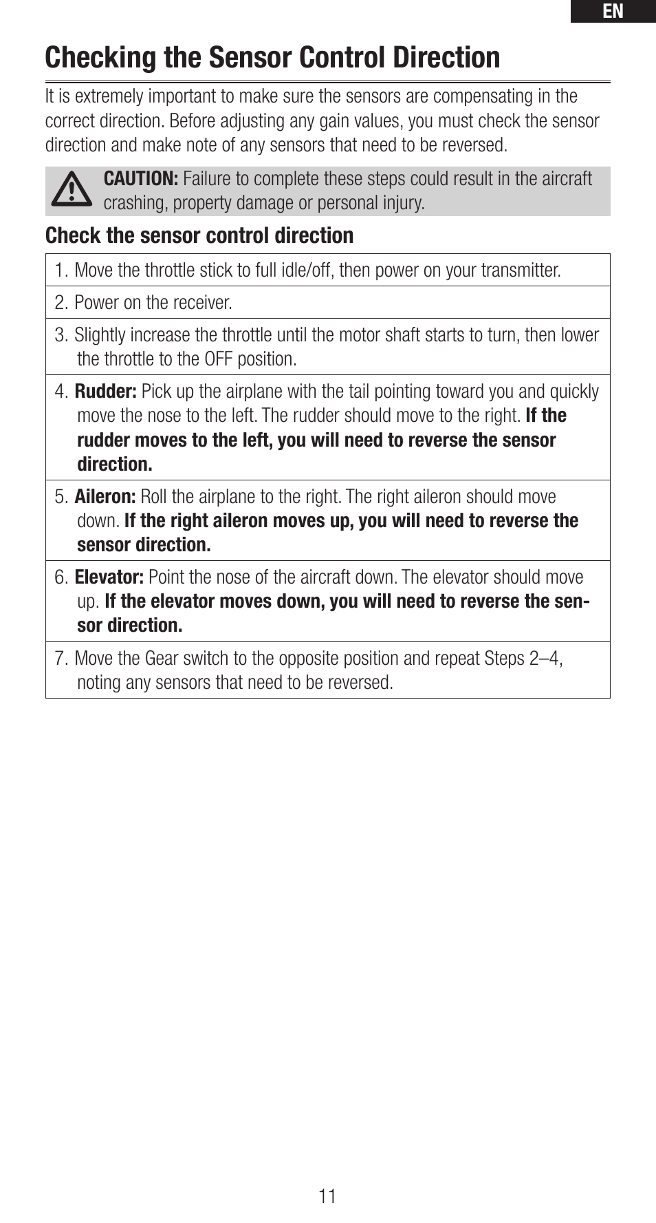 Checking the sensor control direction | Spektrum SPMAR635 User Manual | Page 11 / 27