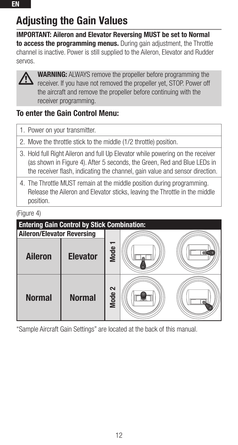 Adjusting the gain values, Aileron elevator normal normal | Spektrum SPMAR635 User Manual | Page 12 / 27