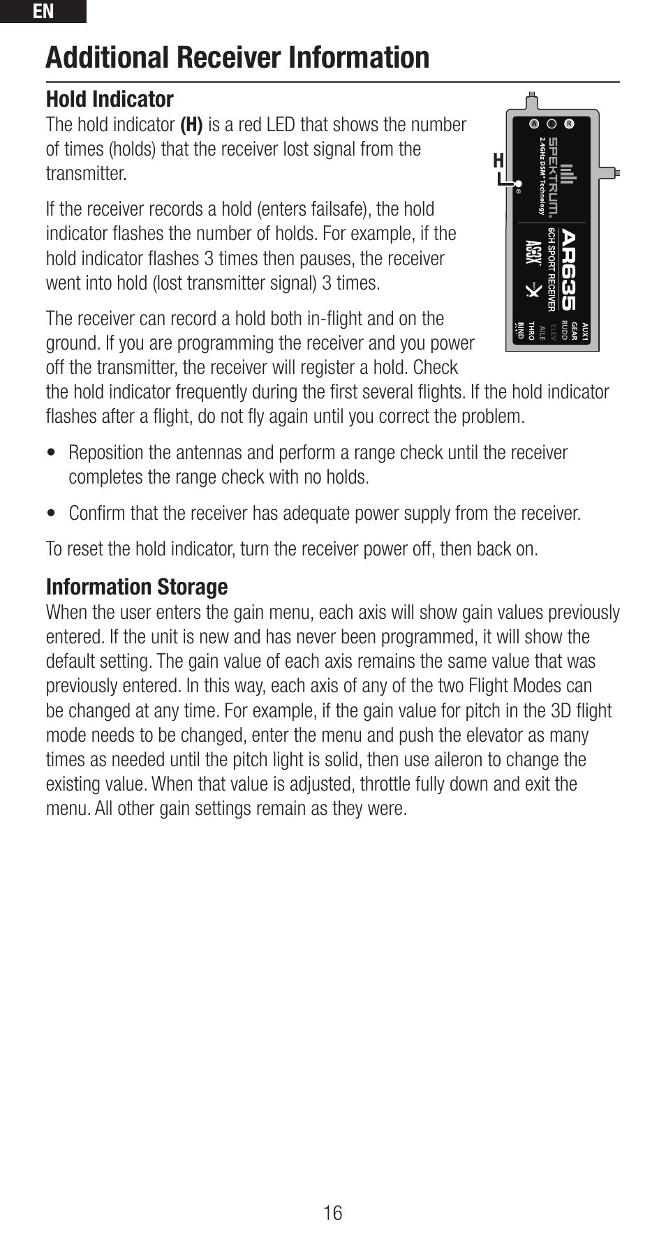 Additional receiver information, Hold indicator, Information storage | En 16 | Spektrum SPMAR635 User Manual | Page 16 / 27