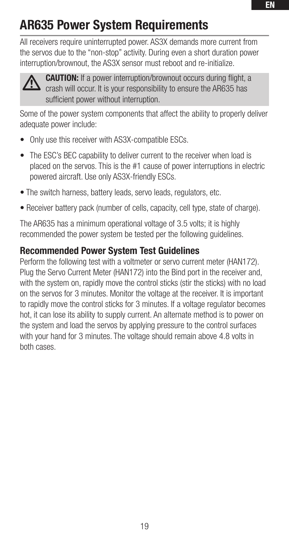 Ar635 power system requirements | Spektrum SPMAR635 User Manual | Page 19 / 27