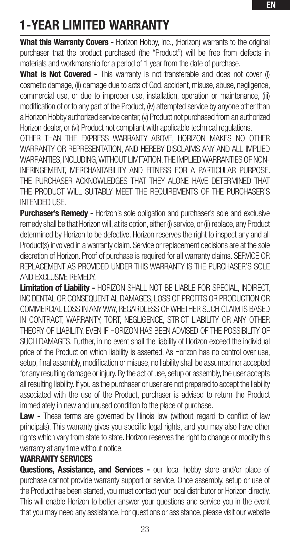 Year limited warranty | Spektrum SPMAR635 User Manual | Page 23 / 27