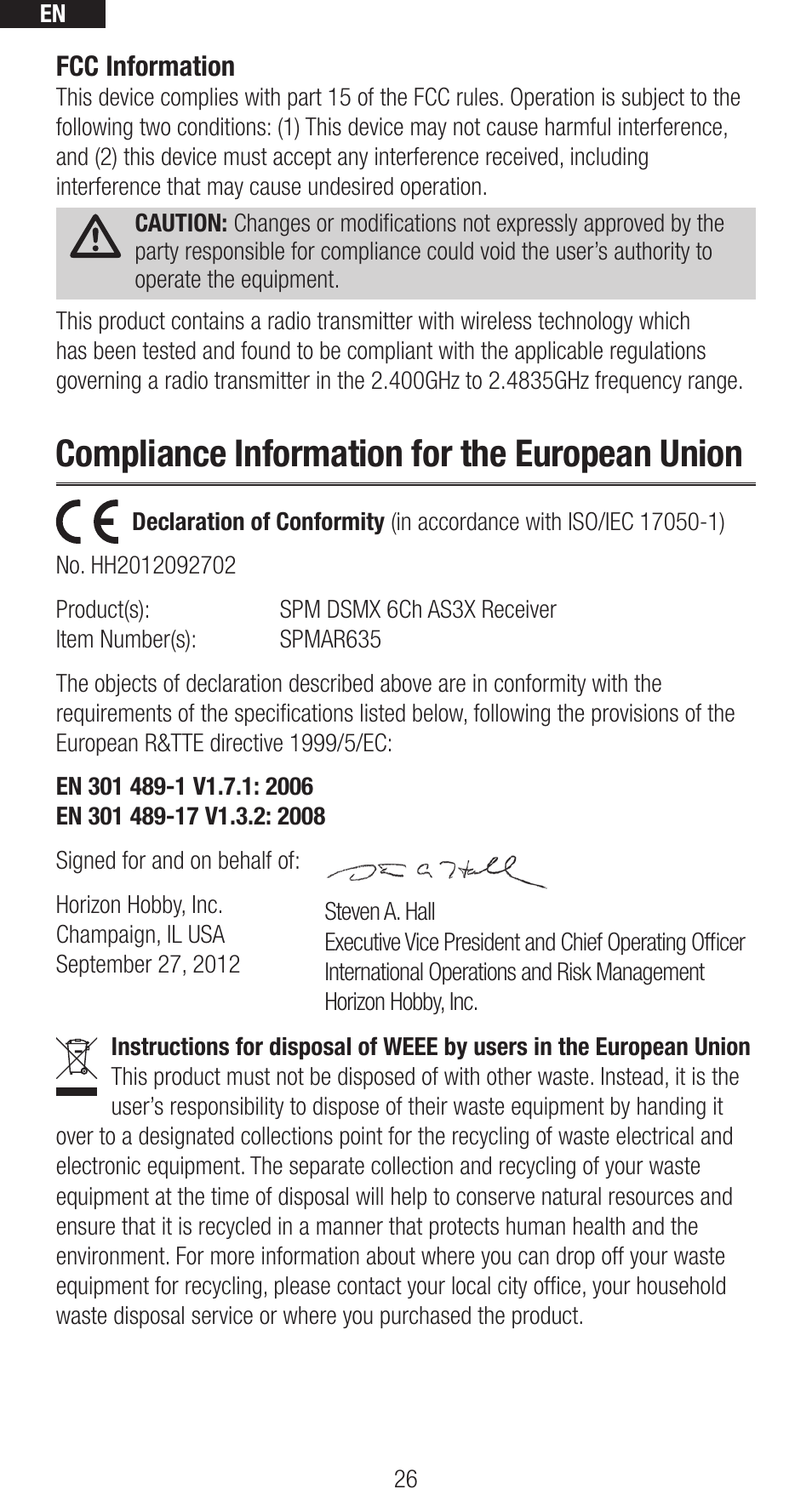 Compliance information for the european union | Spektrum SPMAR635 User Manual | Page 26 / 27