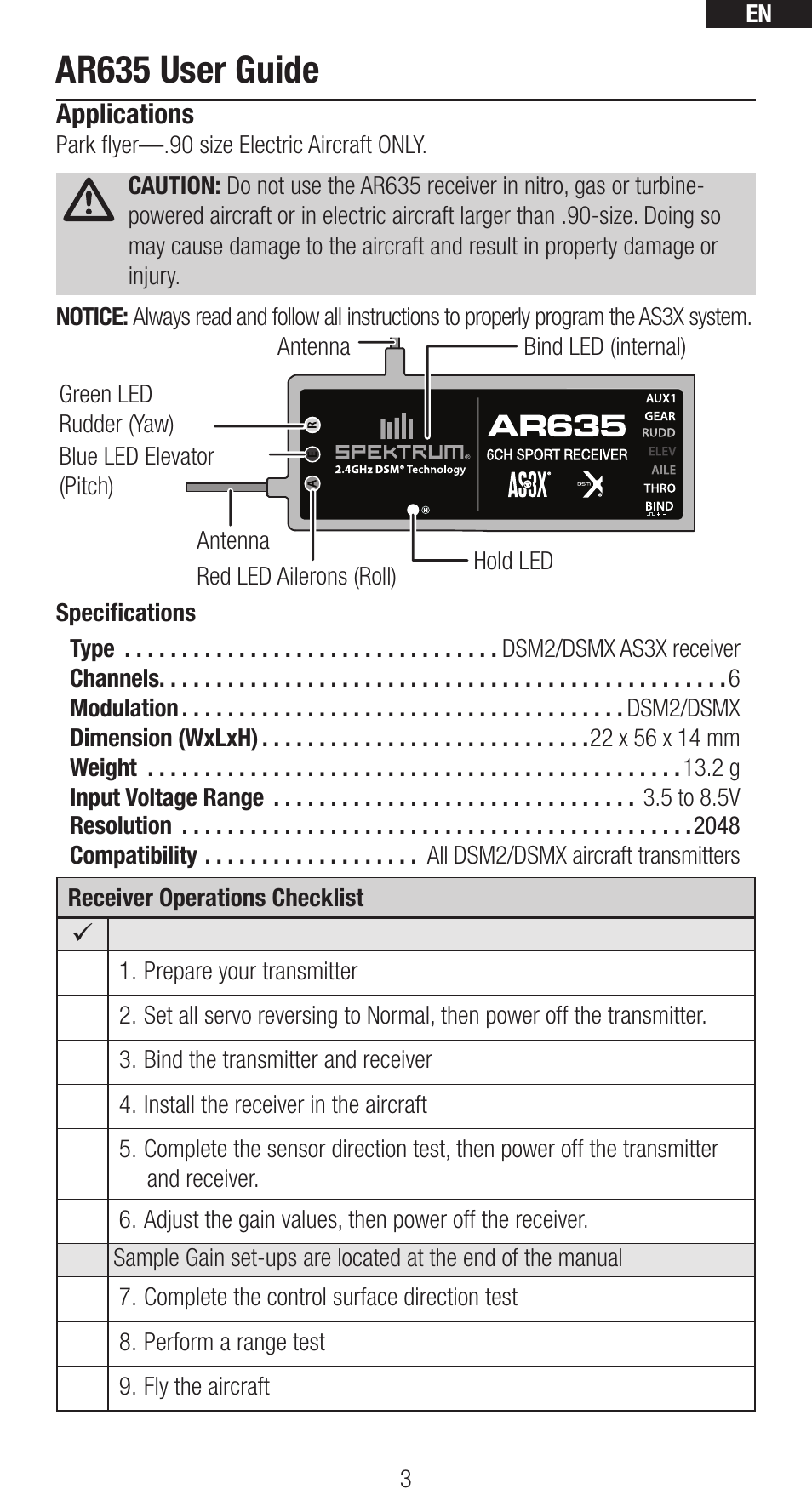 Ar635 user guide | Spektrum SPMAR635 User Manual | Page 3 / 27