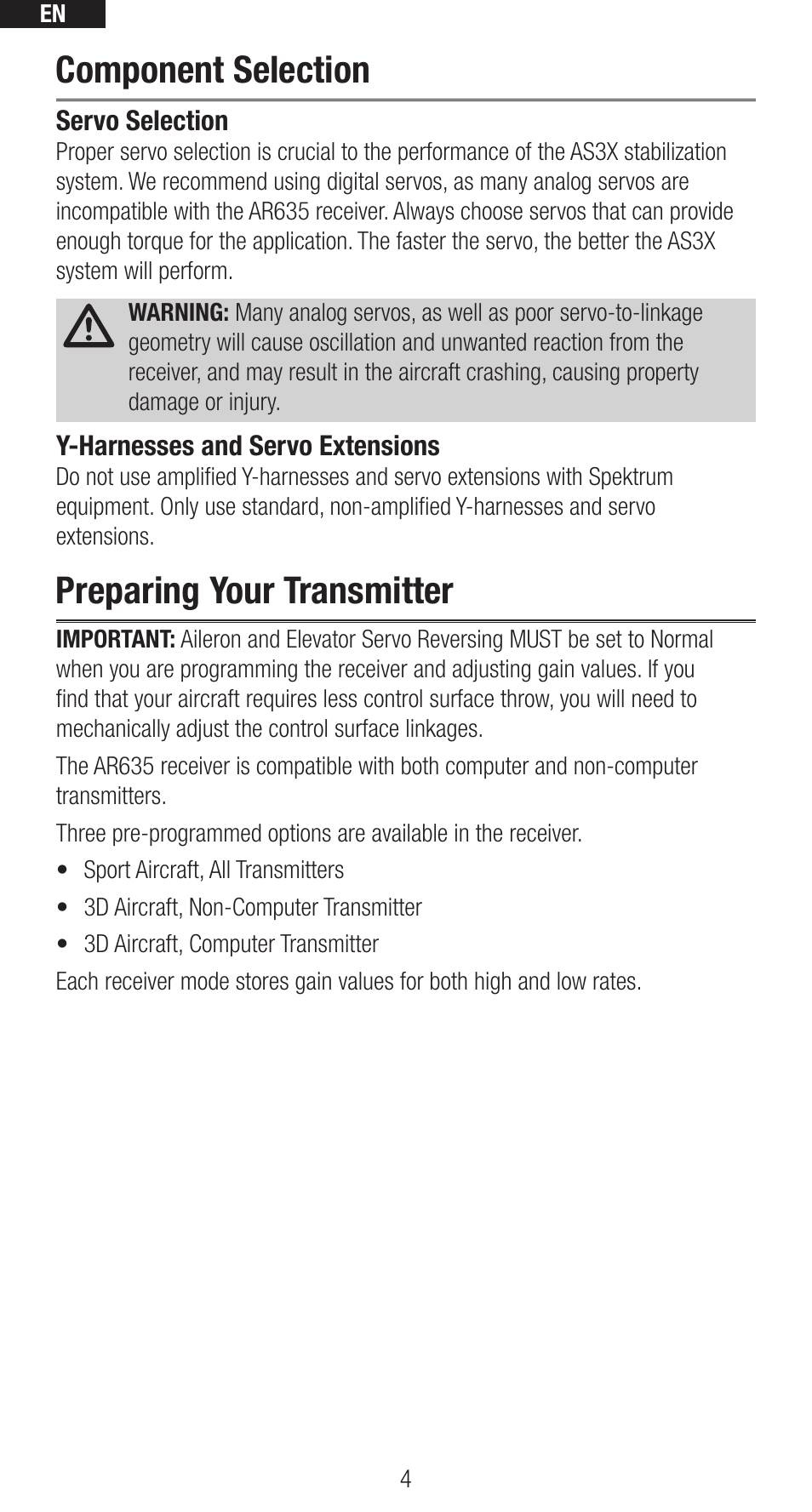 Component selection, Preparing your transmitter | Spektrum SPMAR635 User Manual | Page 4 / 27